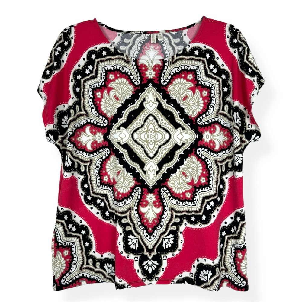 MADISON‎ Blouse Top Womens Size M Short Sleeve Pink Black